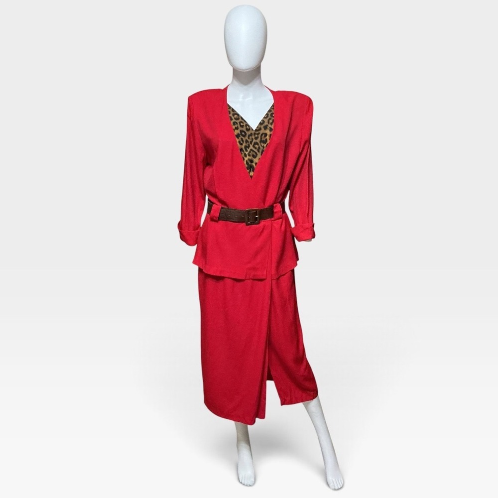 Vintage 80s Studio I Dress Set Size 12 Red Leopard Belted Midi Made USA
